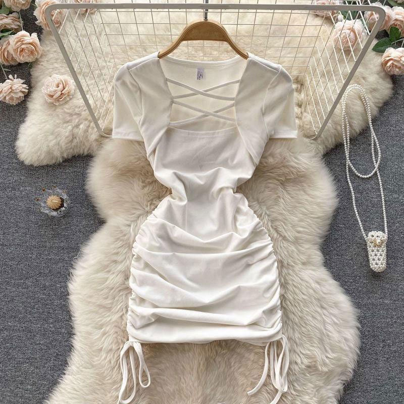 Girls Dress Summer 2025 New Square Neck Drawstring on Both Sides Solid Color Short Sleeve Slim Children's Hip Skirt for Women