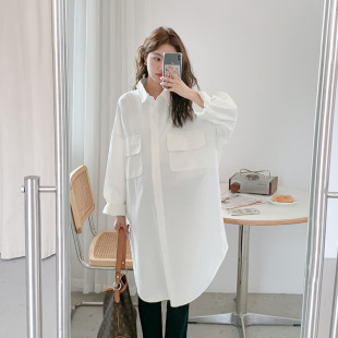 Spring and Autumn maternity clothes European and Korean style large pocket maternity shirt coat long casual loose plus size top trendy all-match