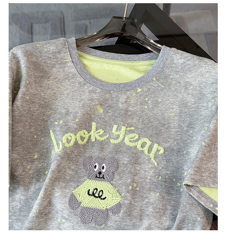 Women's Clothing Casual Fashion Sports Suit For Women Summer New Round Neck Bear Embroidery Tie Dye Top Loose Jeans Two Piece Suit_ecoleips.com