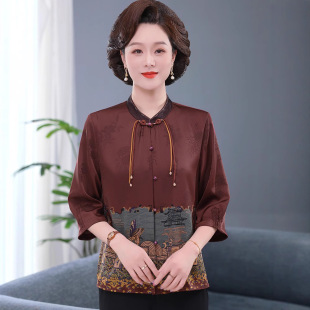 Middle-Aged and Elderly Mothers' Heavy Silk Fragrant Cloud Gauze Tops, Chinese Style Grandma's Summer Large Size Three-Quarter Sleeve Chinese Style Blouse