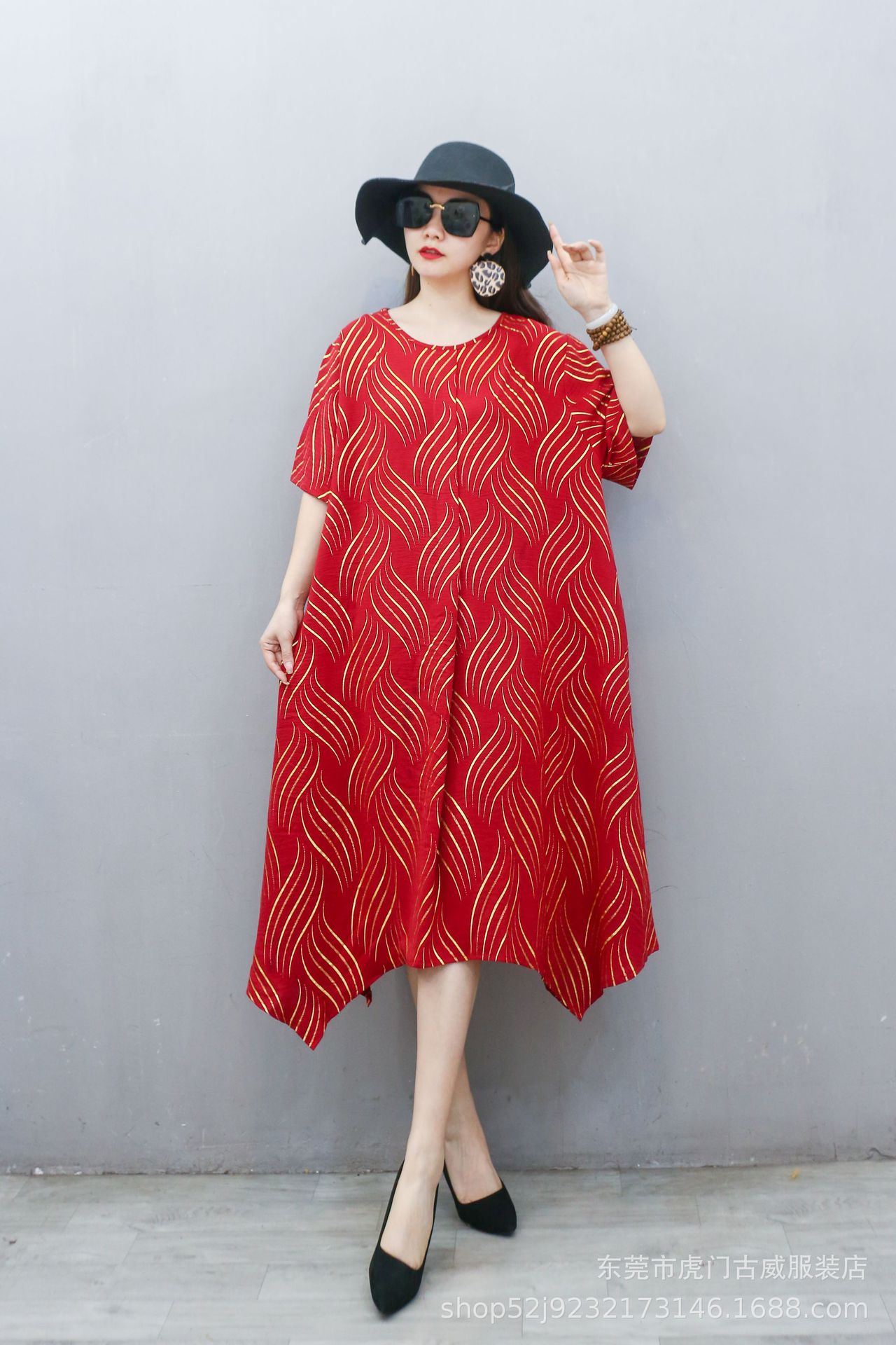 Comercio exterior transfronterizo vestido de gran tamaño suelto literatura de verano vestido irregular cuello redondo mangas cortas vestido de mujer gorda de edad media image 10