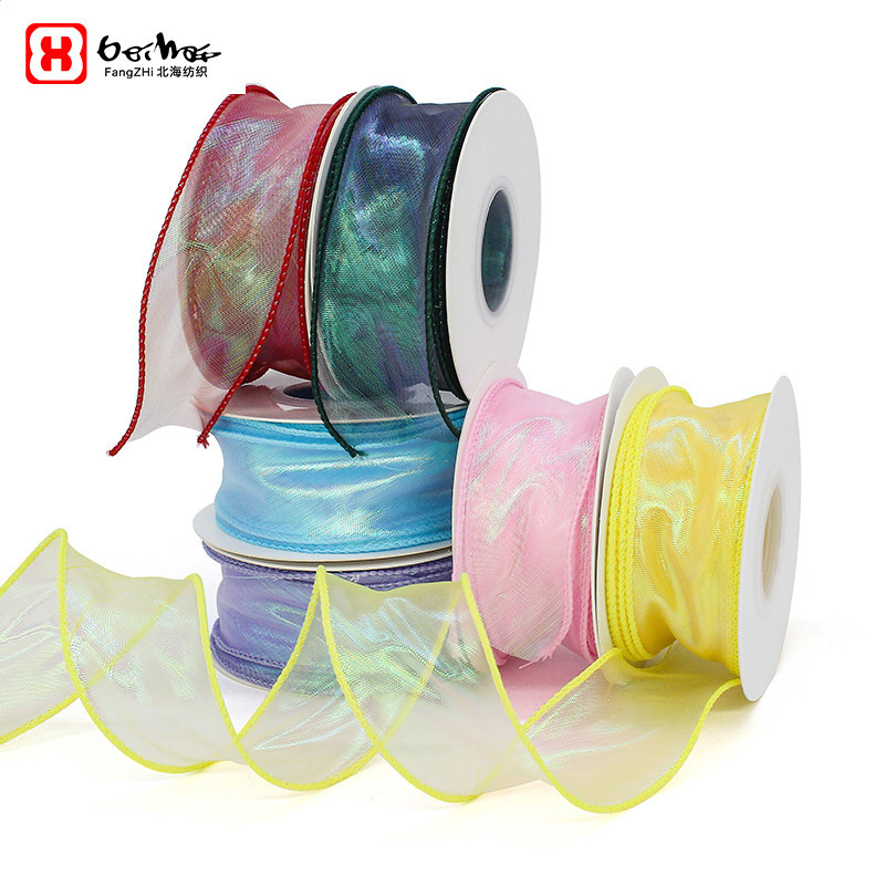Factory wholesale 4cm magic color fishtail yarn flower packaging bouquet decorative bow over fishline yarn belt