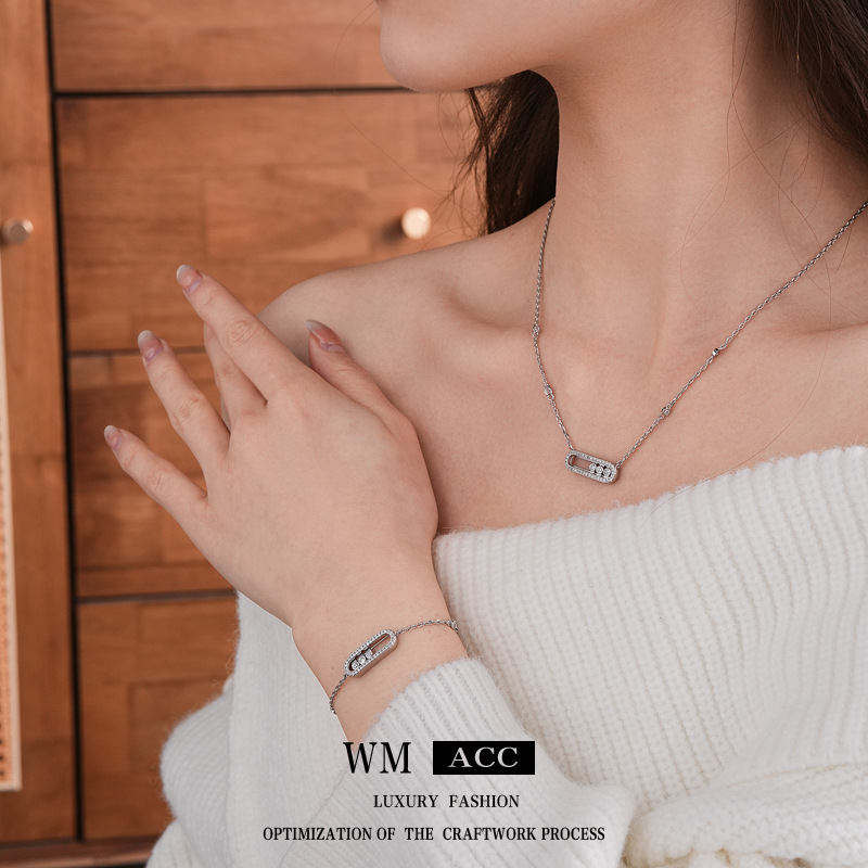 Zircon hueco deslizante collar elíptico ligero lujo frío viento delicado pulsera alta sensación de moda conjunto de joyería mujer