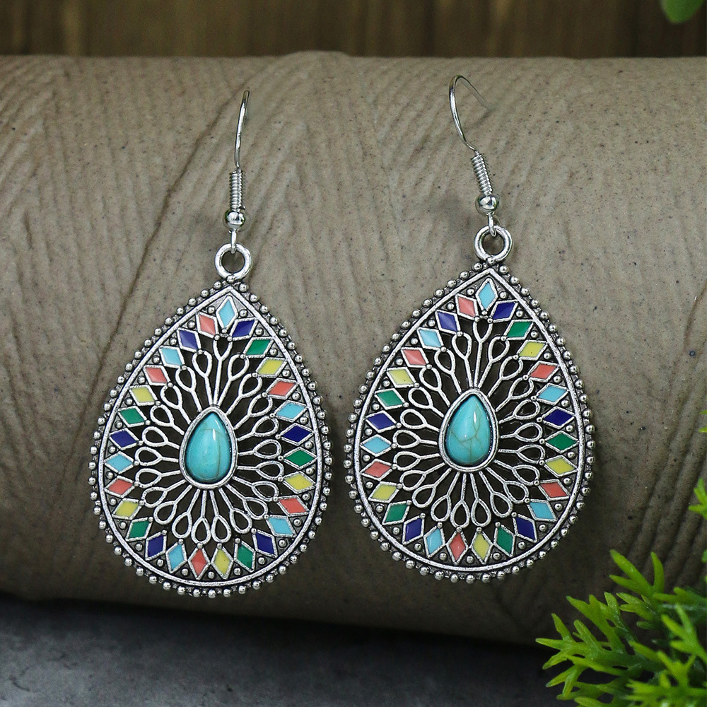 Alloy Material 1 Pair Ethnic Style Color Block Inlay Alloy Turquoise Drop Earrings