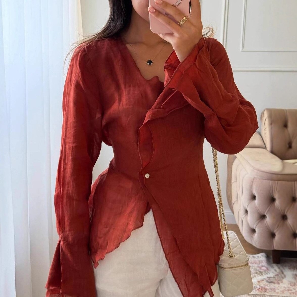 2026 European and American Spring and Summer New Export Women's Lace-Up Asymmetrical Versatile Casual Long-Sleeved Shirt V Neck Top for Women