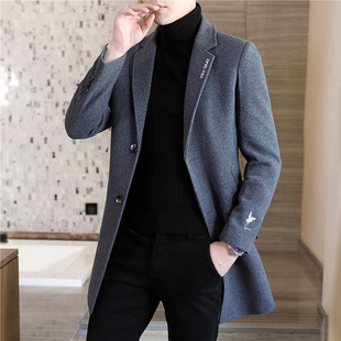 One-piece delivery winter trench coat men's Korean-style mid-length fleece-lined thick wool woolen coat British overcoat men's clothing