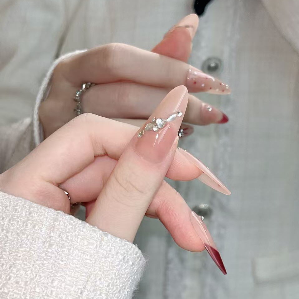 10 piezas de lunares rojo parche de manicura francesa, uñas terminadas al por mayor, desmontables ins de alta calidad, estilo puro, estilo largo