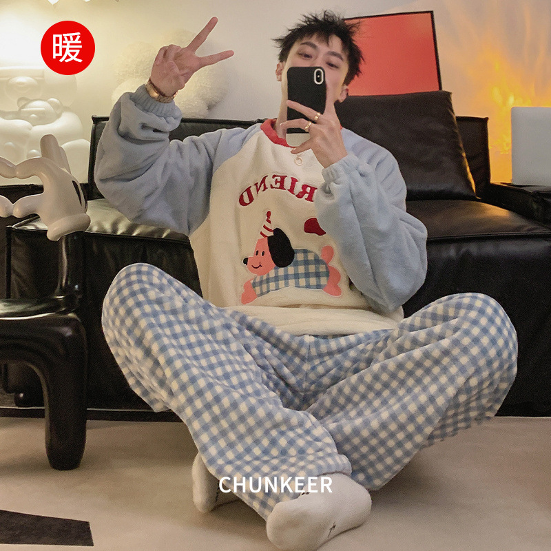 Stuffed Pajamas Men's Autumn and Winter Warm Pullover Round Neck Flannel Suit Cartoon Can Be Worn Outside Home Clothes for Men