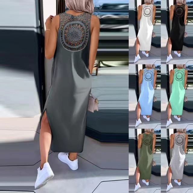 European and American Style Women's Lace Hollow-Out Suspender Dress Sleeveless Slit Tank Dress Over-The-Knee Mid-Length Dress Summer