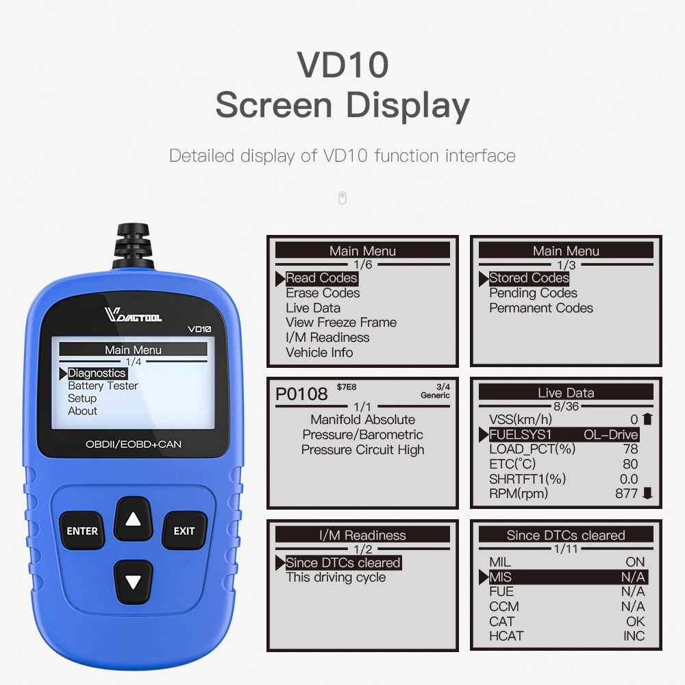 VDIAGTOOL VD10 OBD2 Scanner With I/M Readiness For Engine