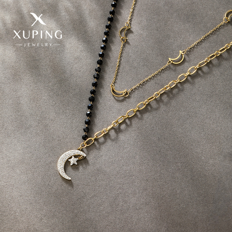 Collar de doble capa con cadena para clavícula, diseño exclusivo con cuentas negras de estrella y luna, chapado en oro de 14k, estilo moderno de Xuping.