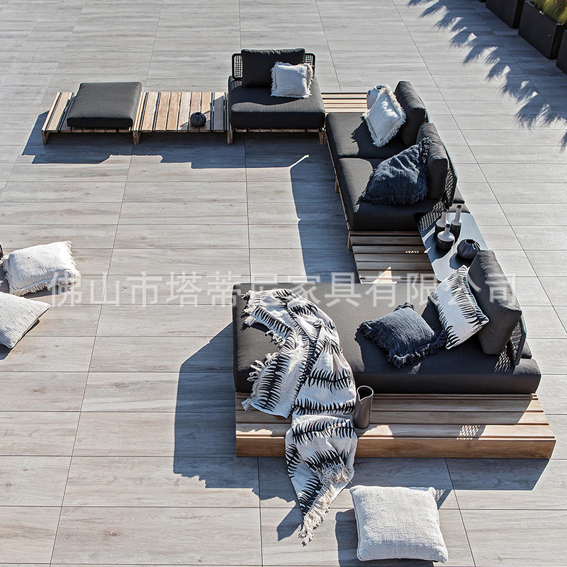 Sofá de ratán para exteriores, muebles impermeables y resistentes al sol para patio, terraza de jardín, conjunto de cama individual de teca para descanso.