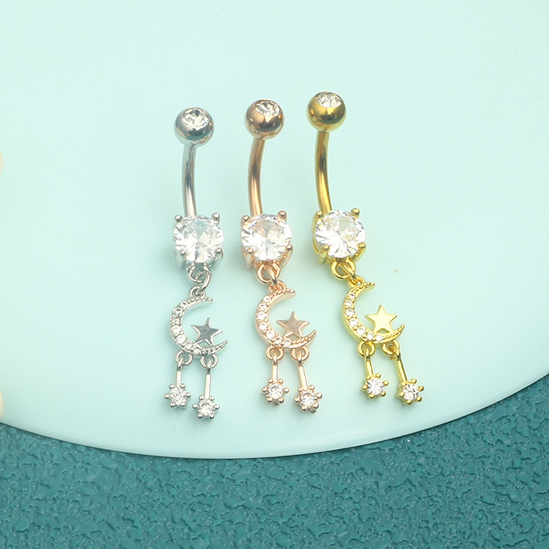 Star Moon CZ Stainless Steel Belly Button Ring Dangle Navel Piercing Jewelry Rose Gold detail image 8