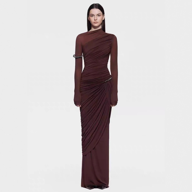 In-Stock Design-Inspired Pleated Style Dress, New Autumn and Winter Base Layer, Stretchy Knit Bodycon Pencil Skirt