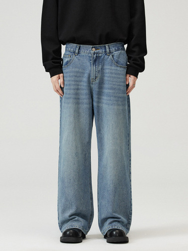 Muxi Clothing #Autumn high street loose straight pants dark blue retro washed old jeans men and women's wide-leg pants