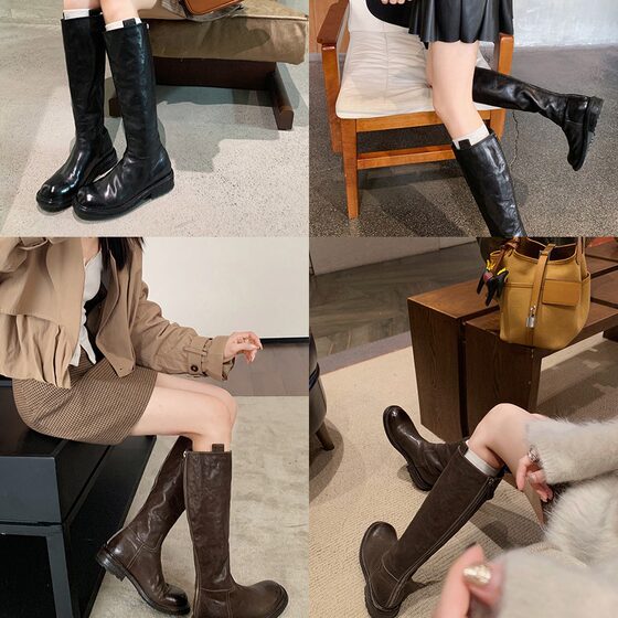 Grape Mom studiolee Vintage Washed Horse Leather High Barrel Slimming Medium Long Boots Thick Heel Thick Bottom Knights Boots for Women