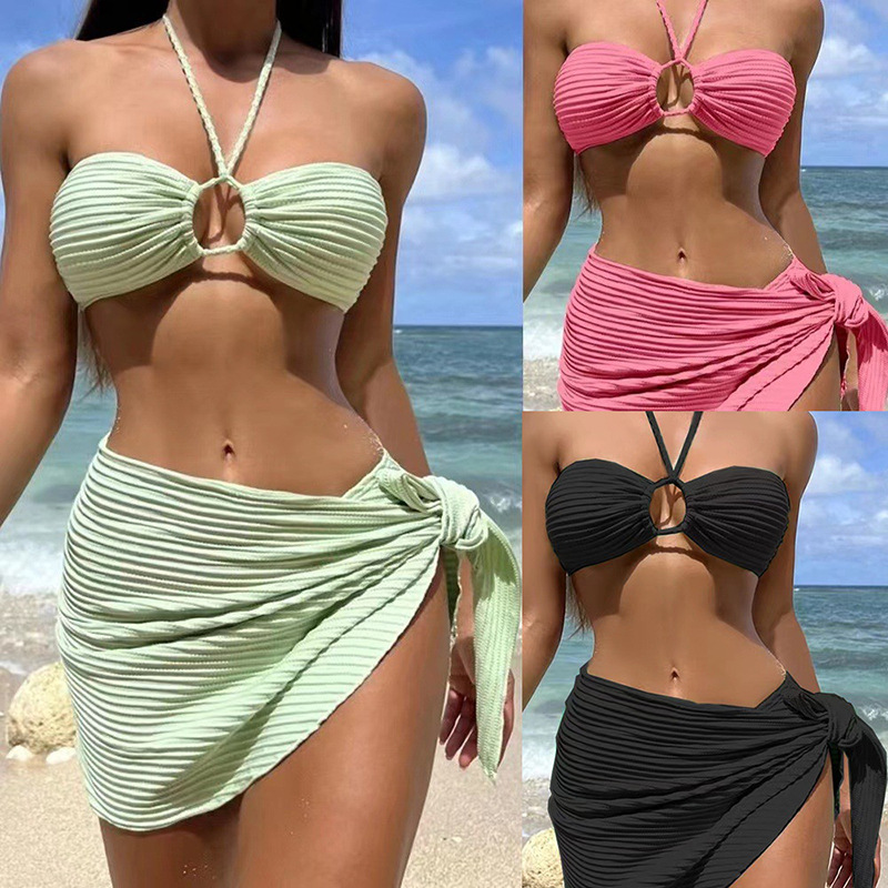 GraceChic European And American Sexy Three-Piece Swimsuit For Women High-End Solid Color Beach Dress Bikini Swimwear_voghion.com