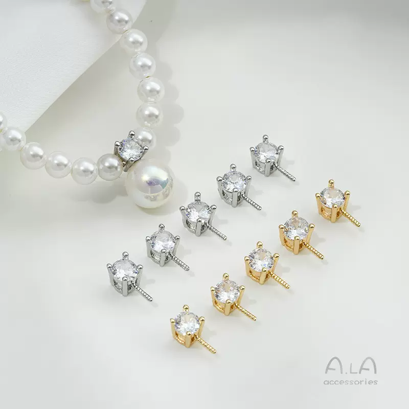 保色14K包金经典戴妃单锆珠针空托隔珠吊坠DIY手工粘珍珠饰品配件