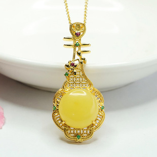 Xinyu Natural Amber Pendant Beeswax Pipa Necklace New Chinese Jewelry Factory Wholesale HP3111705