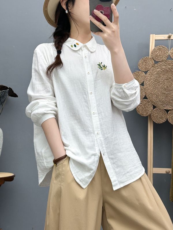 春秋季新款双层棉纱衬衣女长袖 文艺小清新刺绣宽松上衣衬衫 批发|undefined