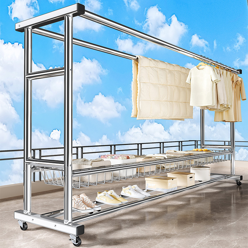 Stainless Steel Clothes Drying Rack for Balcony, Household Clothes Hanger, Thickened Drying Rack with Double Rods for Outdoor Use, Quilt Drying Magic Tool