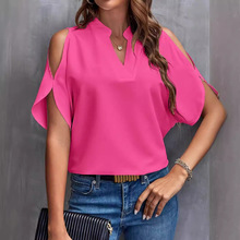 2024欧美跨境亚马逊女装夏季新款纯色V领气质时尚露肩袖女上衣
