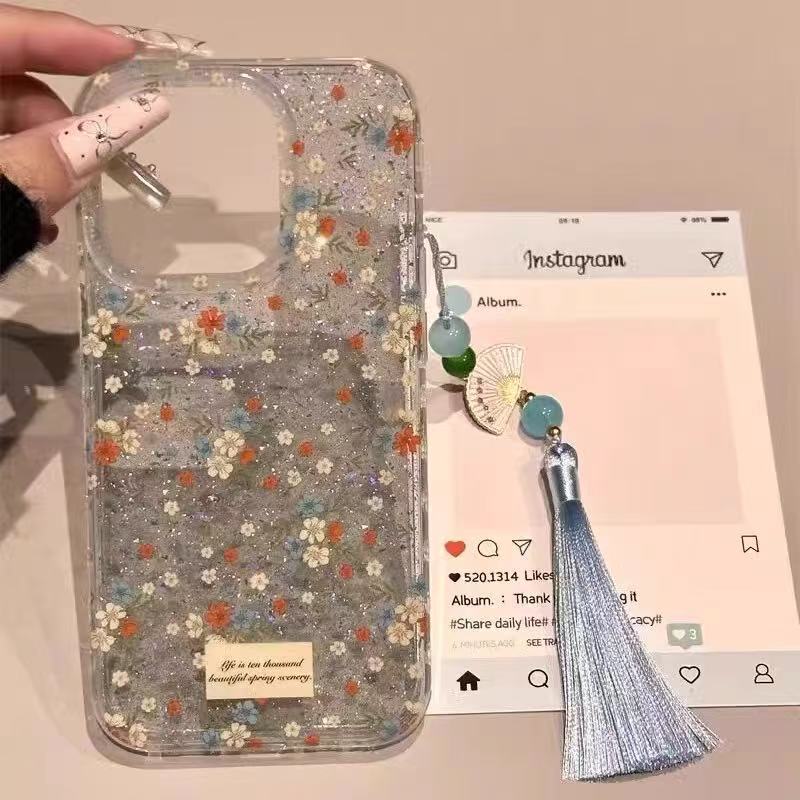 Fresh Style Ins Blue Floral iphone15 Glitter 16ProMax Phone Case 13 Apple 14PRO Women Fresh Style Ins Blue Floral iphone15 Glitter 16ProMax Phone Case 13 Apple 14PRO Women