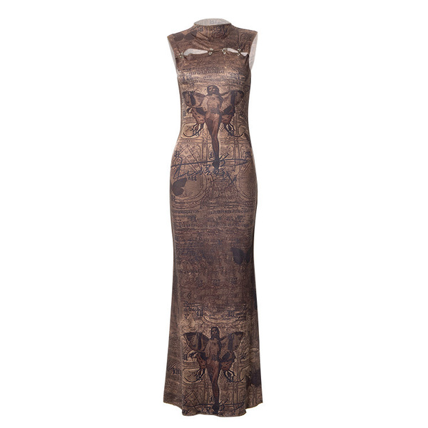 Summer fashionable long fitted dress with a round collar sleevless