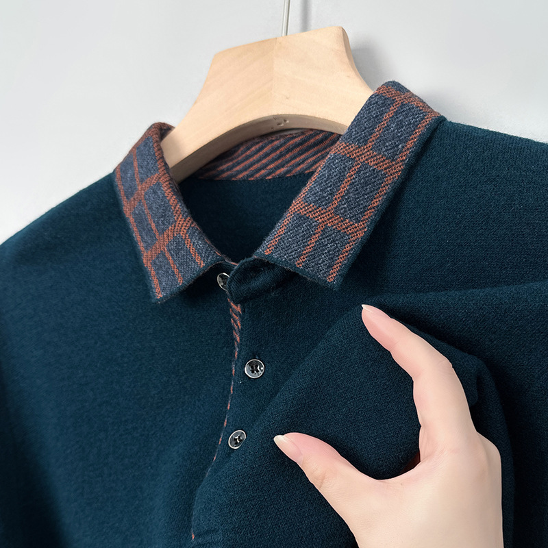 High-end 100 Cotton Cardigan Solid Color Men's Thickened Warm Winter Lapel Trendy Sweater Men's Long-sleeved Top