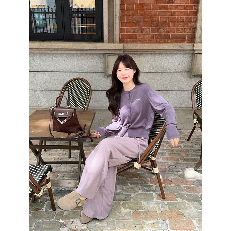 时尚套装女小个子紫色软糯针织开衫2025年春秋季阔腿休闲裤两件套|undefined