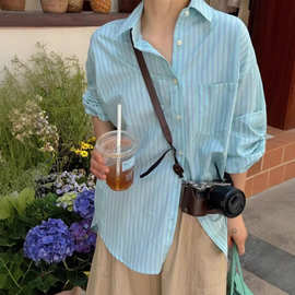 跨境韩系条纹衬衫女春夏外搭宽松防晒衬衣开衫中长款衬衣外套上衣