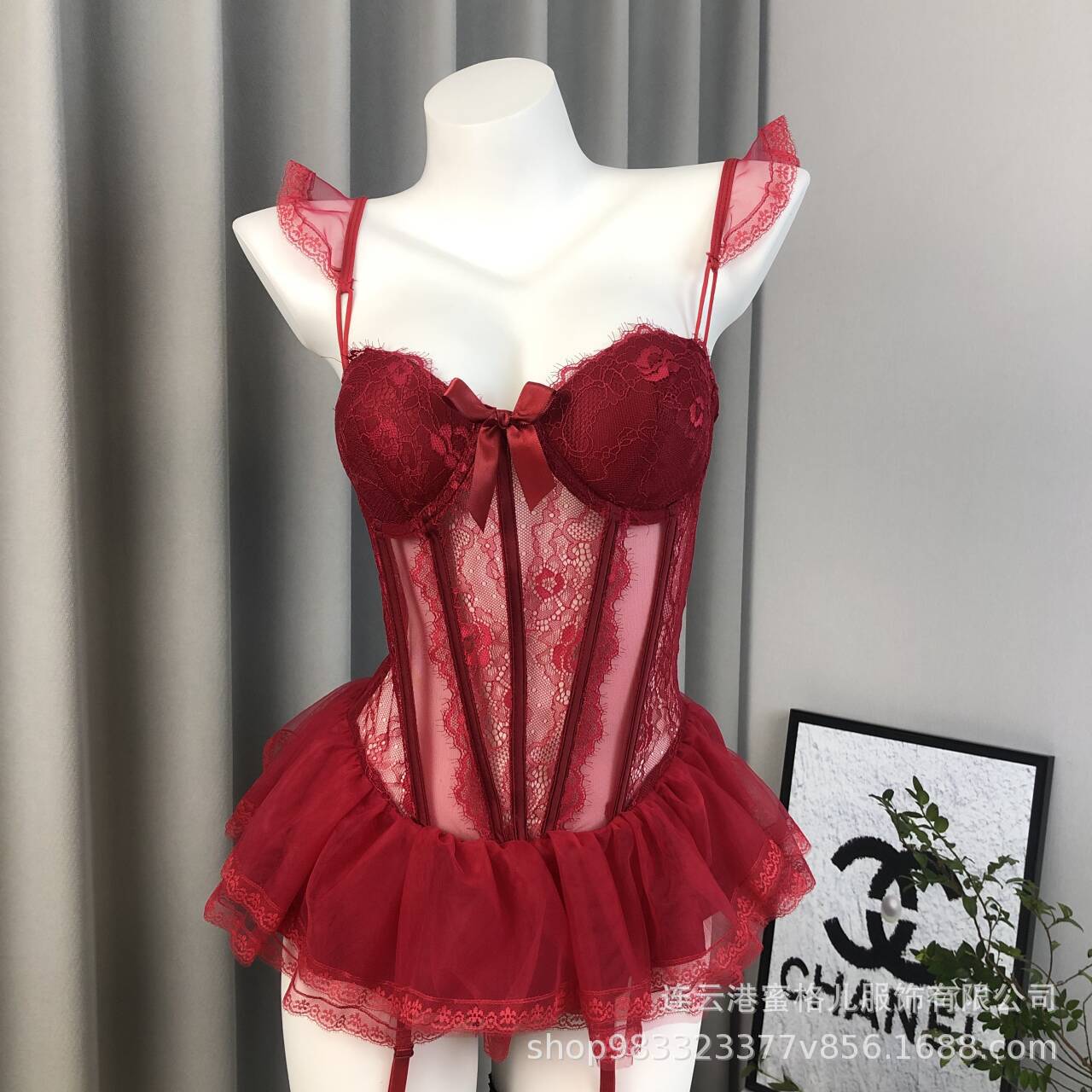 버건디 가슴 패드 조끼 오픈 속옷