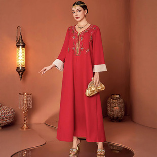 Zf4117 Arabian Abaya Red Robe Hand-Sewn A-Line Skirt Cross-Border Women's Clothing in Stock