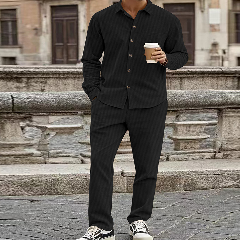 Premium Men's Casual Sport Button-Up Shirt & Long Pants 2-Piece Set - Breathable Cotton Blend Comfort Fit For Everyday Wear_voghion.com