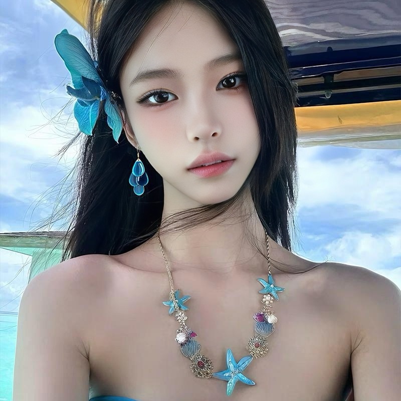 夏日蓝色海星贝壳项链女海边度假风颈链氛围感拍照配饰轻奢锁骨链|undefined