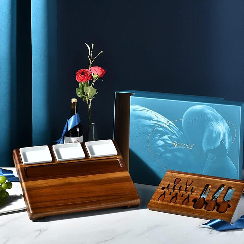 Tablero de cortar de acacia Tablero de queso de madera Tablero de queso portátil con combinación de cuchillo Juego de picnic Tablero de cortar para acampar