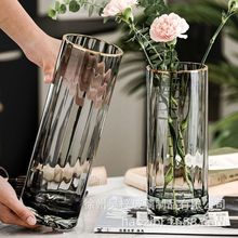 轻奢创意直筒透明花瓶现代玻璃花瓶水养富贵竹百合花器餐桌摆件