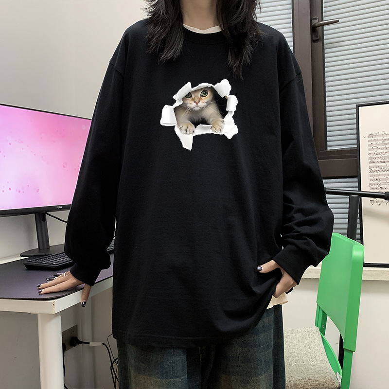 100% algodón pesado de alta calidad 230g de otoño camiseta de manga larga de cuello redondo negro camiseta de base suelta camiseta de mujer