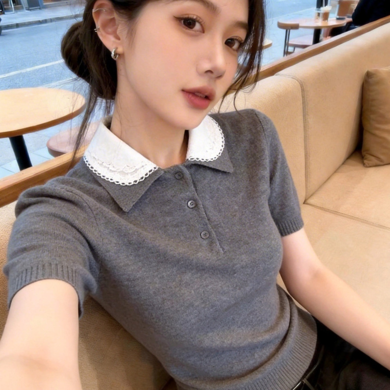 Short-Sleeved T-Shirt with Doll Collar for Petite Women, 2026 Spring/Summer New Style, Elegant and Slimming Gray Knit Top