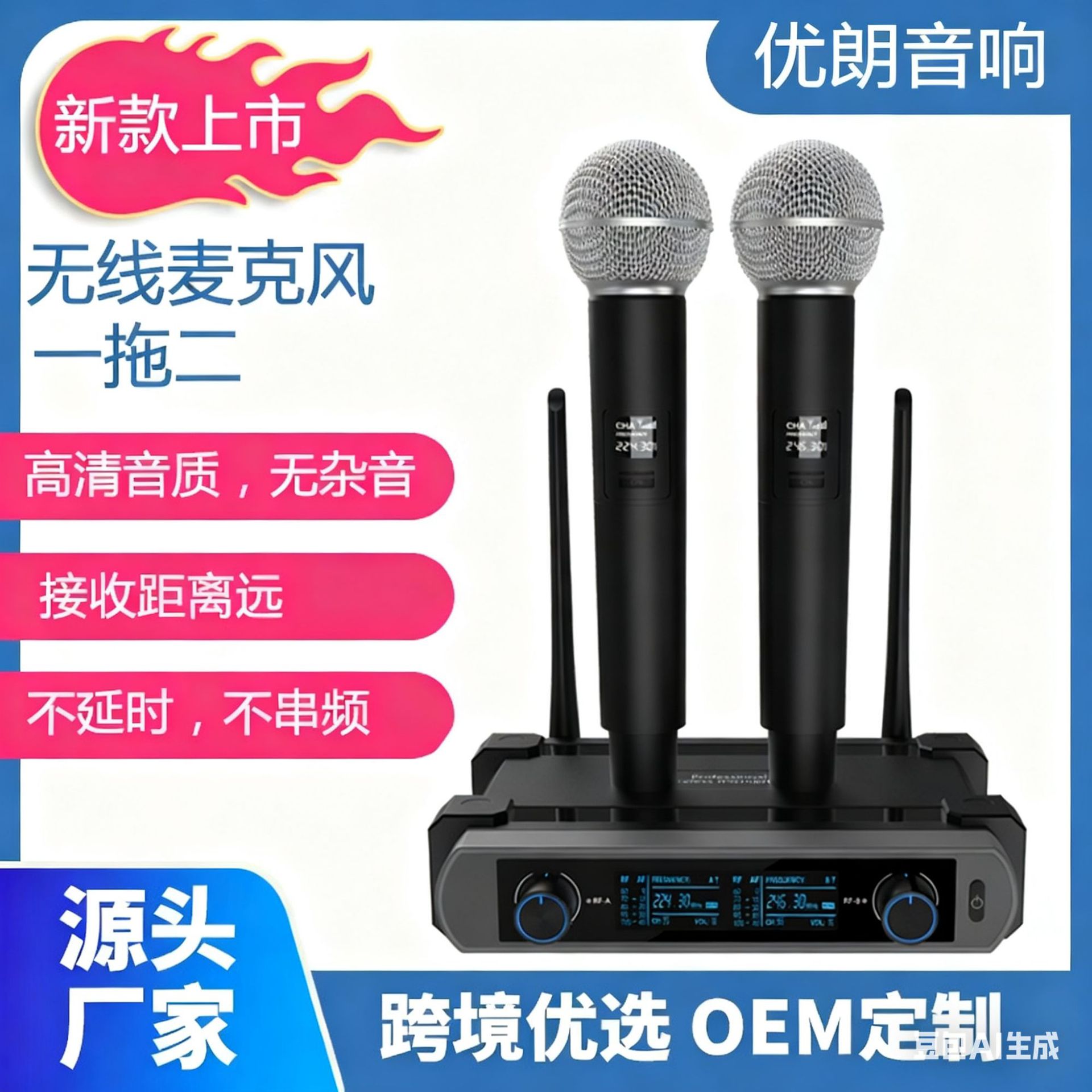 2025 Model One-To-Two Wireless Microphone V-Band Private Model Cross-Border Exclusive Handheld Microphone for Home Ktv, Conferences, and Performances