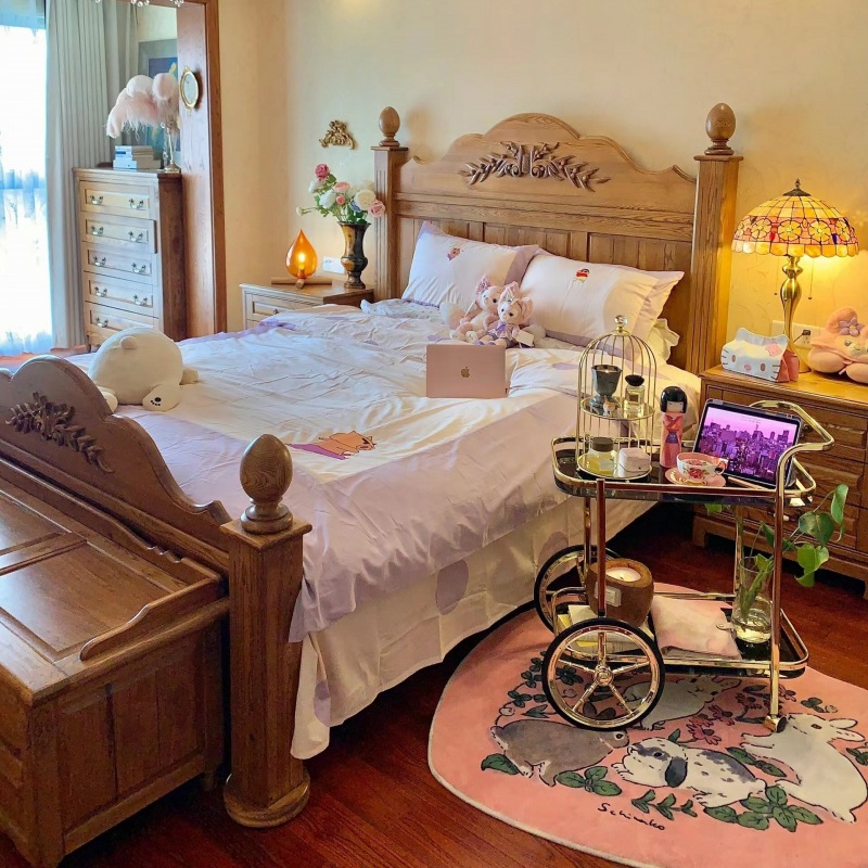 美式复古原木公主床实木床1.8米双人床橡木中古法式别墅主卧婚床