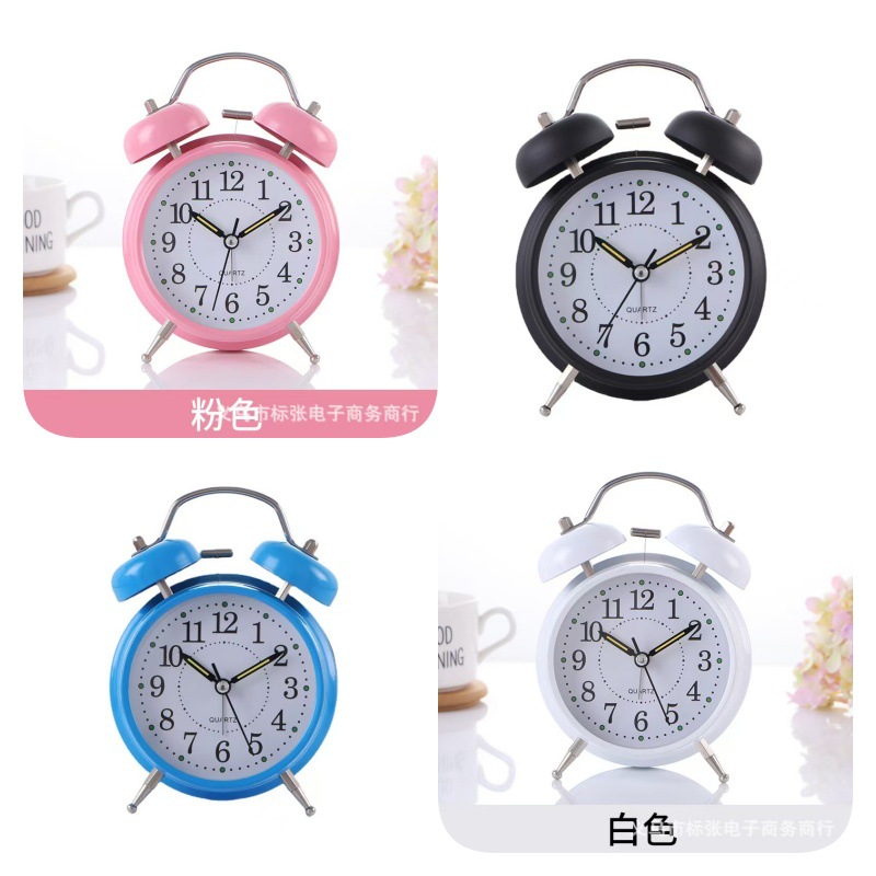 Directo de fábrica de 4 pulgadas de metal campana de alarma reloj despertador mudo estudiante despertador luminoso puede establecer el logotipo