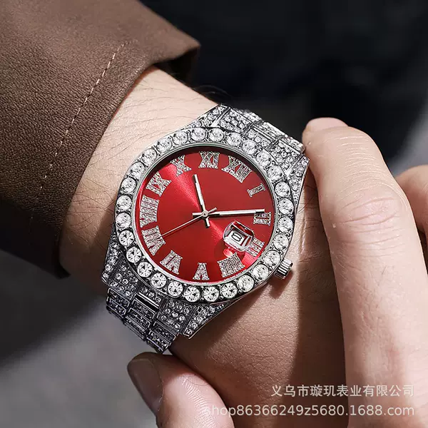 Cross-border bestseller men's steel band quartz watch, hip-hop business Roman numeral diamond-encrusted calendar wristwatch, large dial full-diamond watch