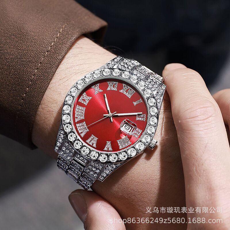 Cross-border bestseller men's steel band quartz watch, hip-hop business Roman numeral diamond-encrusted calendar wristwatch, large dial full-diamond watch Cross-border bestseller men's steel band quartz watch, hip-hop business Roman numeral diamond-encrusted calendar wristwatch, large dial full-diamond watch