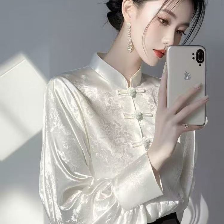 新中式国风内搭打底衫女2025早春高级感轻奢减龄洋气白色提花衬衫