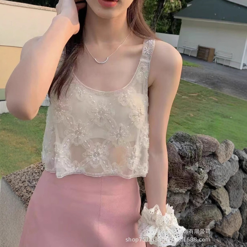 Summer New Exquisite Heavy Beaded Sequin U-Neck See-Through Mesh Camisole Short Top for Women