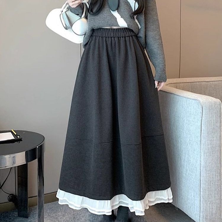 chubby girl extra large size 150.00kg ruffled hem woolen skirt autumn and winter elastic waist belly covered skirt women's skirt chubby girl extra large size 150.00kg ruffled hem woolen skirt autumn and winter elastic waist belly covered skirt women's skirt