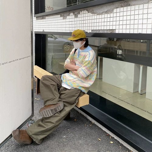 Women's Striped Gradient Lacing Polo Shirt with Vintage Short Sleeve Casual American Style Knit Collar Top