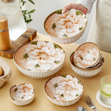 3DWF山茶花陶瓷餐具米饭碗双耳汤碗家用2024新款沙拉碗手柄碗甜品