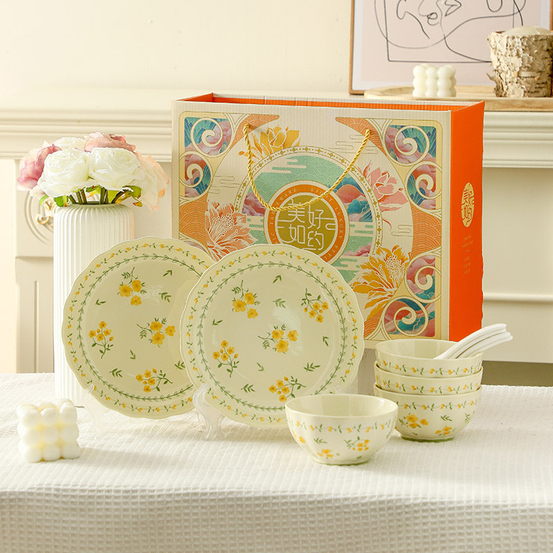 Juego de platos y tazones con temática primaveral, estilo pastoral, cerámica con color bajo esmalte, regalo para la inauguración, juego de vajilla de porcelana en caja de regalo, souvenirs.